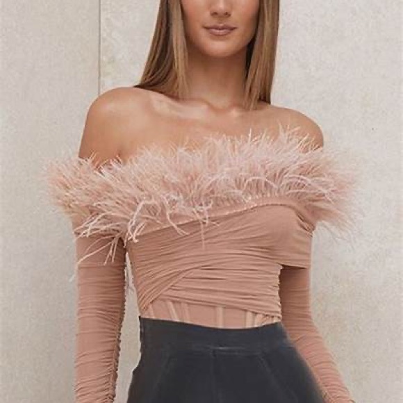 House of CB Tops - HOUSE OF CB FAITH BLUSH OFF THE SHOULDER FEATHER BODYSUIT
